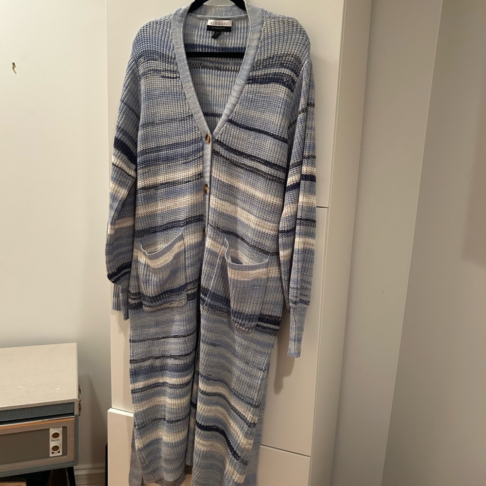 Eloquii Blue and Gray Striped Cardigan
